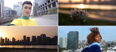 Imágenes de selfie, retrato, primer plano de una flor y un paisaje urbano