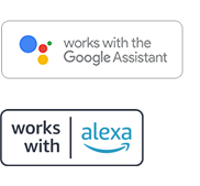 Logos de "works with Google Assistant" y "works with alexa"