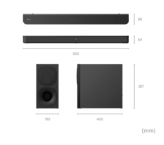 Vista frontal de la barra de sonido HT-S400 y subwoofer inalámbrico con dimensiones en mm