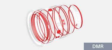 Diagrama ilustrativo con las ubicaciones de todas las uniones circulares del cuerpo del lente diseñadas para resistir el ingreso de polvo y humedad mostradas en rojo