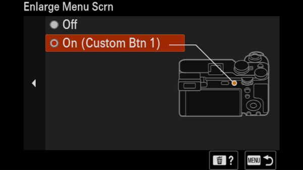 Imagen de la pantalla de una cámara que muestra el menú de configuración de la función Ampliar la pantalla